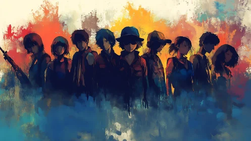 Silhouetted anime group against bold abstract colors.
