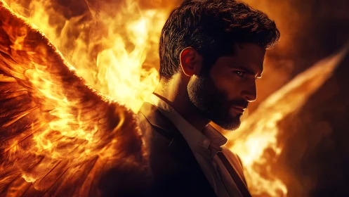 Man with fiery wings in profile against dark background.