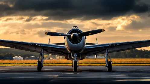 Sunset runway sentinel: vintage warbird poised for flight.