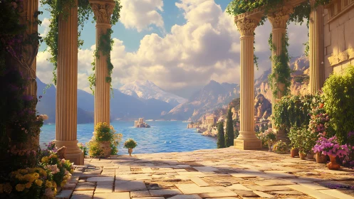 Sunlit neoclassical terrace overlooking crystalline coastal bay.