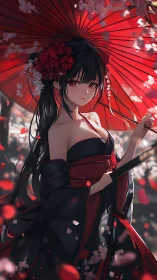 Graceful girl under a red umbrella enjoys soft falling petals