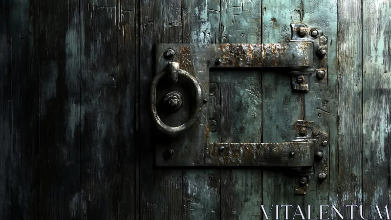 Corroded steel latch and knocker on weathered teal wood door