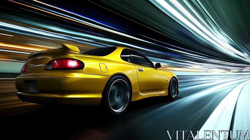 Yellow sports coupe races through neon-lit night tunnel.