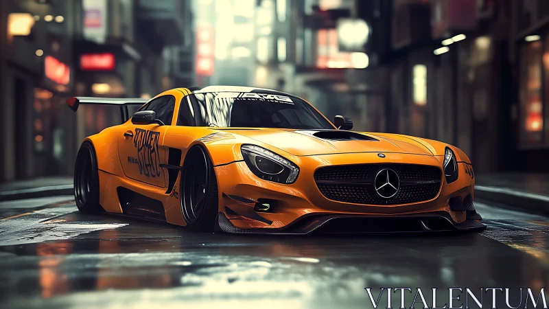 Orange Mercedes race car in glossy neon city street scene.