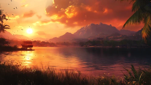 Tropical lake sunset with mountains, palm trees, and boat.