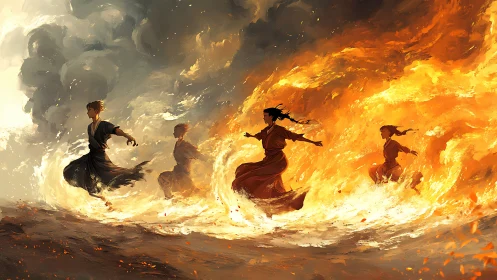 Figures dancing through inferno of golden fire.