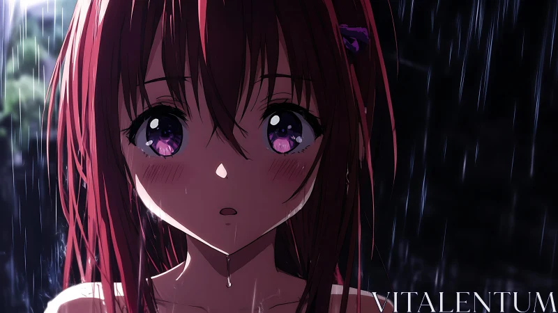 Anime portrait in rain with dramatic frontal lighting focus.