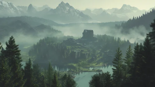Misty alpine ruin above reflective forest lake at dawn.