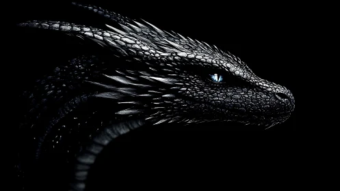 Midnight dragon gazes ahead with sleek silver scales