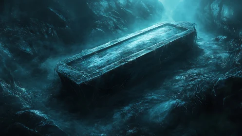 Ancient stone sarcophagus in eerie blue-lit cavern.