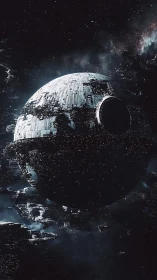 Orbital metal moon drifting quietly through deep space.