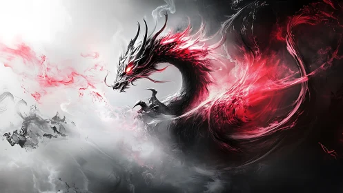 Fiery spirit dragon swirling through stormlit crimson mist.