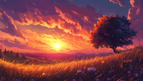 Solitary tree crowns glowing hillside under blazing sunset sky