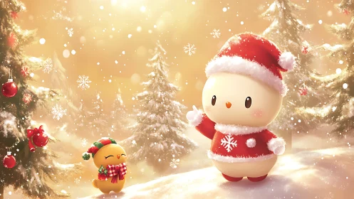 Cartoon bird characters in snowy Christmas forest scene.