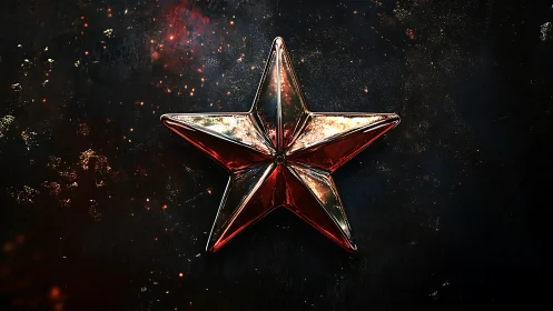 Luminous red metallic star on dark textured cosmic field.