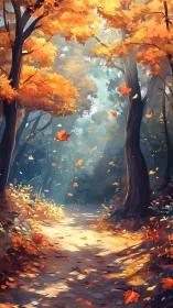 Autumn Forest Path With Falling Leaves