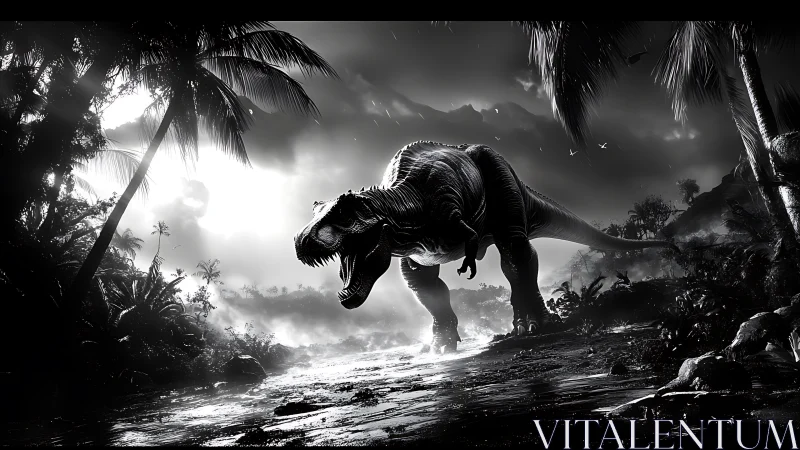 Monochrome Tyrannosaurus rex stalking misty prehistoric lagoon