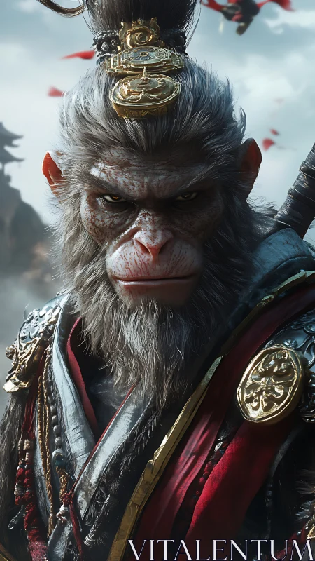 Rendered warrior monkey in ornate armor faces forward