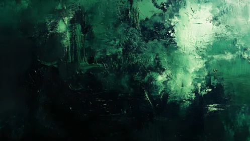 Deep Green Abstract Oil Painting with Textured Brush Strokes.