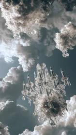 Surreal crystal chandelier suspended in volumetric cloudscape.