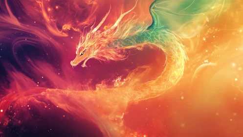 Radiant fire dragon drifting through swirling cosmic light.