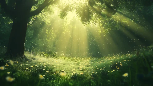 Sunlit Forest Meadow with Wildflowers in Dreamy Morning Light.