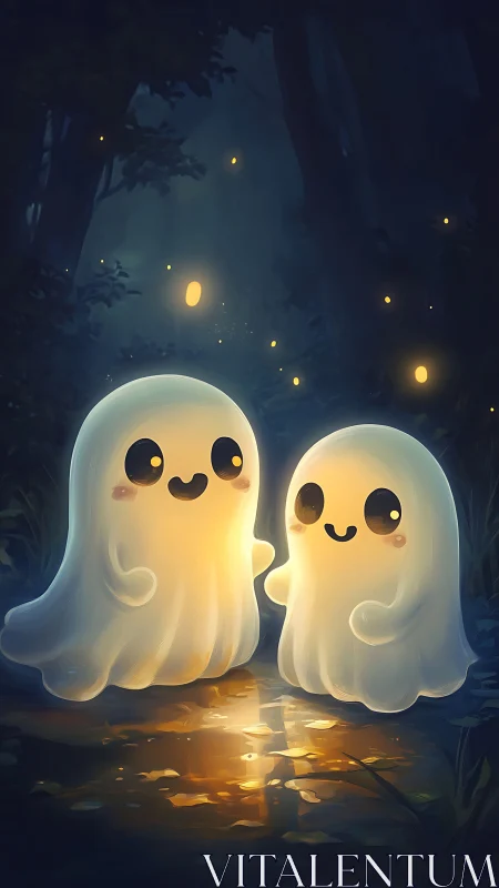 Cute glowing ghosts standing together in a dark forest.