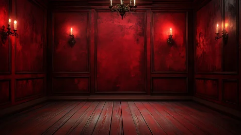 Candlelit crimson paneled room with rustic hardwood floor ambiance