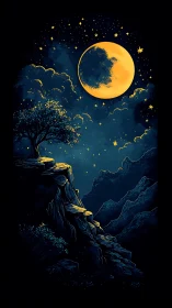 Luminous crescent moon above stylized midnight mountain cliff.