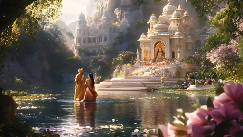Divine riverside palace gleams as tranquil devotees approach.