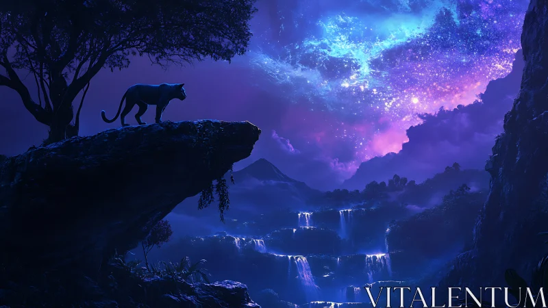 Digital landscape with silhouetted mountain feline viewing bioluminescent sky phenomenon