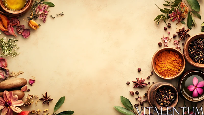 Dried flowers and spices arranged around empty beige surface.