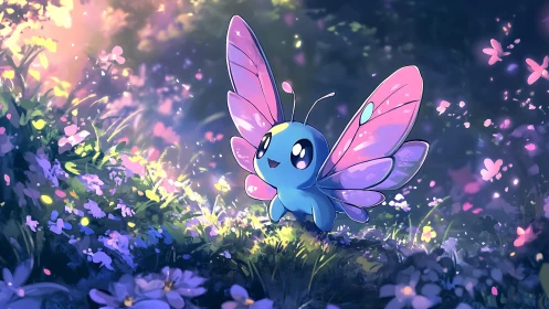 Cartoon butterfly creature in glowing forest clearing at dusk.