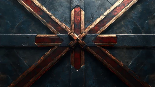 Forged metal cross insignia over distressed steel panel.