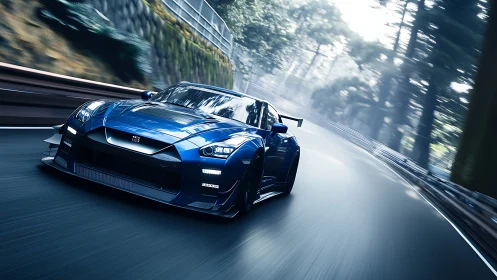 Blue performance coupe on forest racetrack curve in motion.