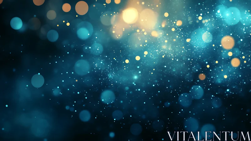 Digital bokeh particle field with teal and gold luminosity.