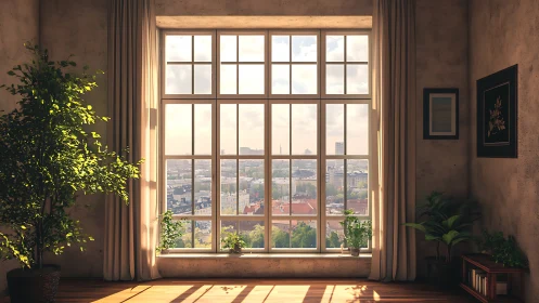 Sunlit loft interior framing high-rise cityscape through tall glazing