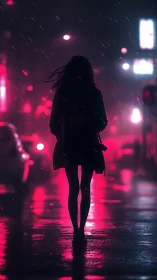 Silhouette walks through neon city street in soft rainfall