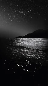 Star-splashed midnight surf kissing a sleeping silhouette shore.