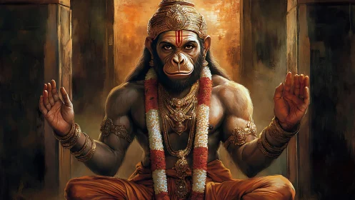 Divine simian deity meditates within warm temple light.