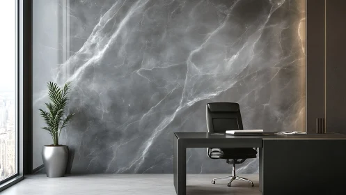 Marble storm boardroom with brooding black desk calm.