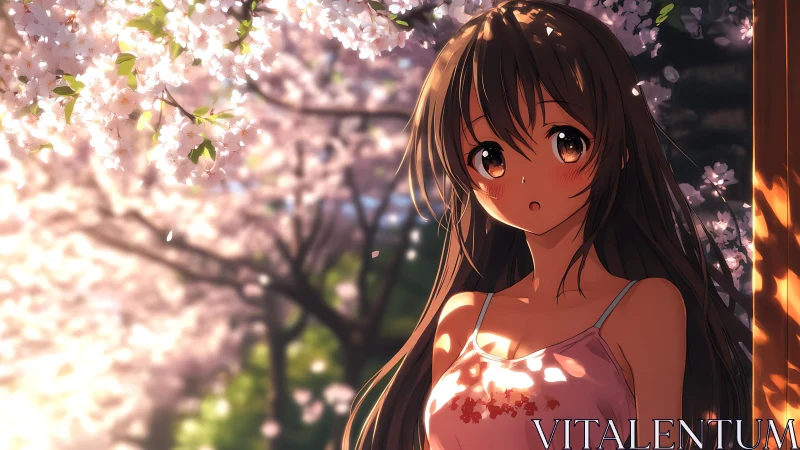 Gentle spring moment beneath glowing cherry blossoms.