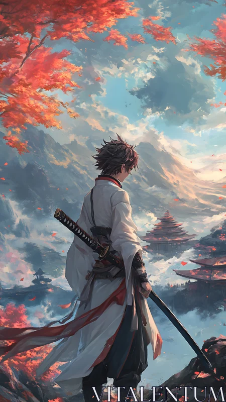 Solitary swordsman overlooking misty autumn templescape.