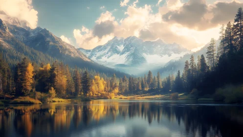 Golden mountain lake welcomes a calm autumn evening glow