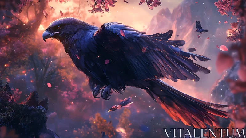 Majestic Raven in Fantasy Forest with Vibrant Pink Lighting.
