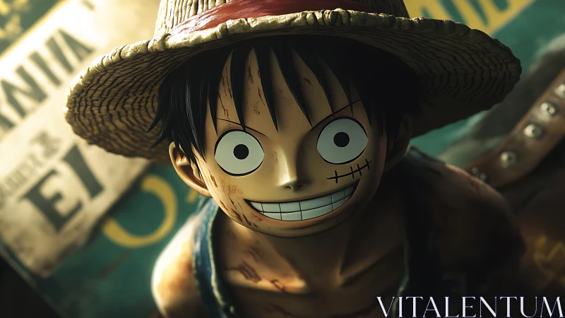 Straw hat grin and playful pirate courage in close-up portrait.