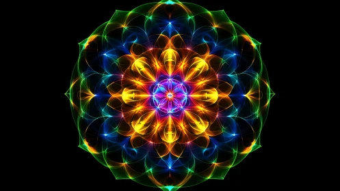 Radiant neon mandala blooming in layered fractal light.