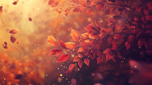 Crimson autumn leaves drifting through golden lightscape.