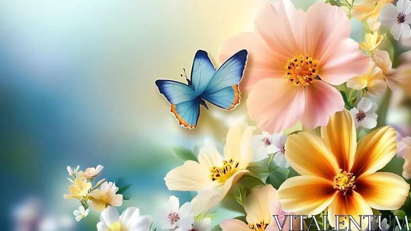 Blue butterfly on multicolored cosmos flowers with gradient background.