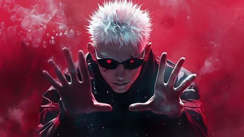 White-haired figure with red background and raised hands.